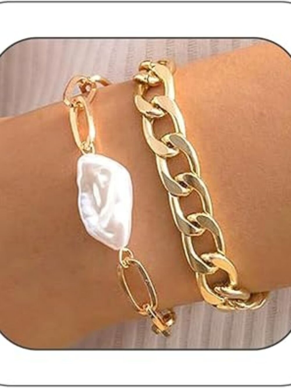 NEW Baroque Pearl Chain Bracelet Set Chunky‎ Adjustable Gold Paperclip Link